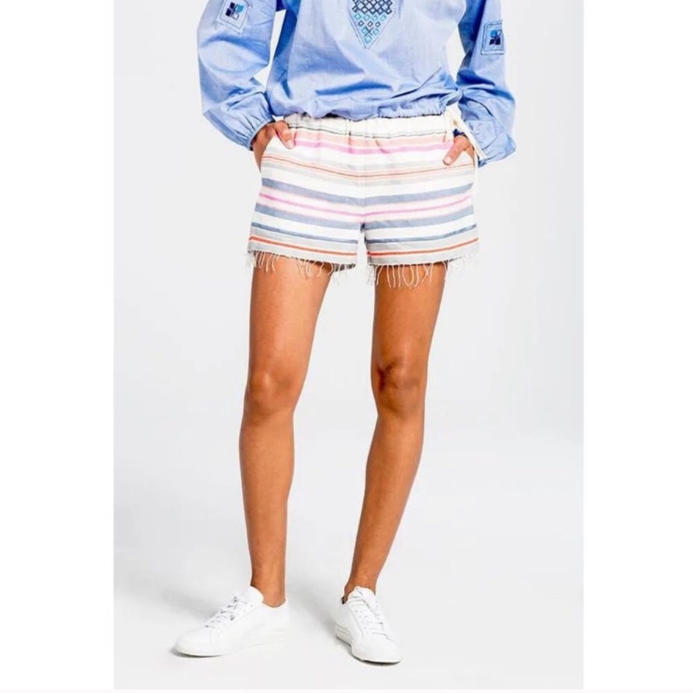 Lemlem Striped Frayed Hem Cotton Shorts in Pastel Stripe